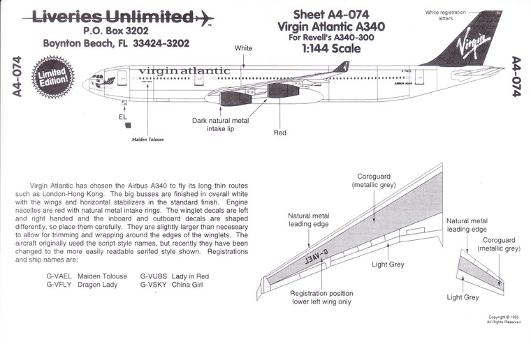1/144 Scale Decal Virgin Atlantic A-340