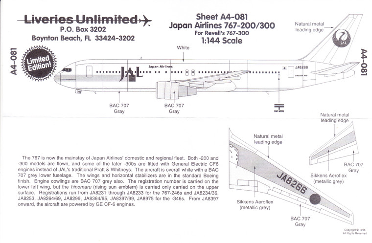 1/144 Scale Decal Japan Airlines 767-200/300