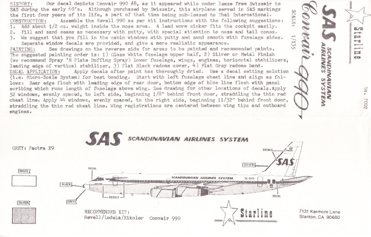 1/135 Scale Decal SAS Scandinavian Airlines System CV-990
