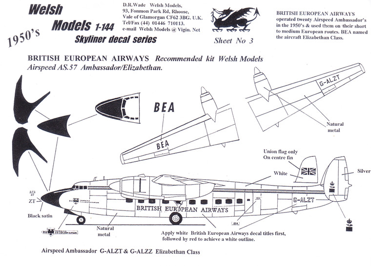 1/144 Scale Decal British European Airways Ambasssador Elizabethan