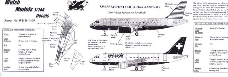 1/144 Scale Decal Swissair & United A-319 / A-320