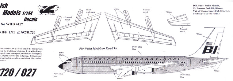 1/144 Scale Decal Braniff  International B-720 Jellybean Livery