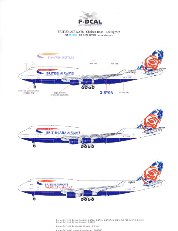 1/144 Scale Decal British Airways 747-200 / 400 Chelsea Rose
