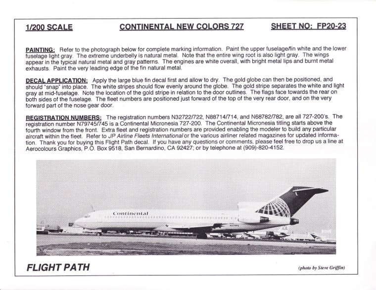1/200 Scale Decal Continental 727-200