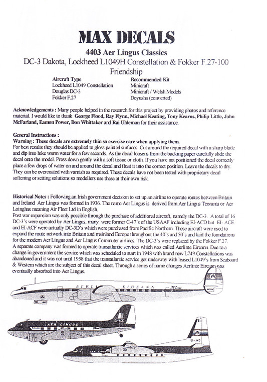1/144 Scale Decal Aer Lingus DC-3 / Connie L1049H / F-27