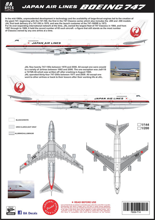1/144 Scale Decal JAL - Japan Air Lines 747