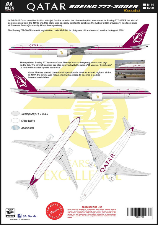 1/144 Scale Decal Qatar Airways 777-300ER Retro