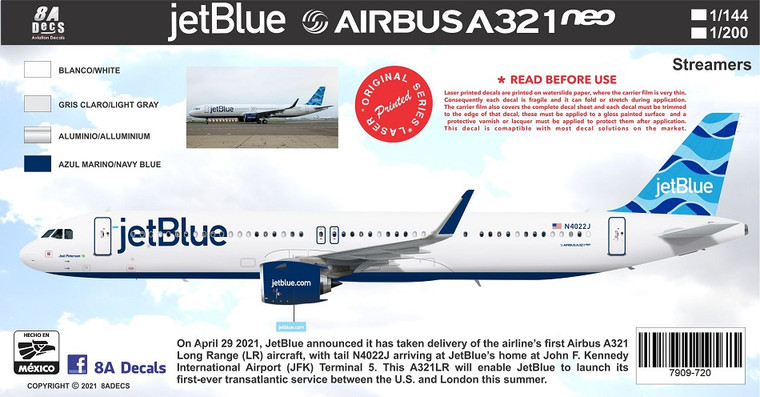 1/144 Scale Decal JetBlue A-321 STREAMERS