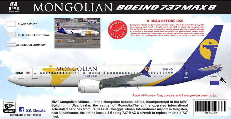 1/144 Scale Decal MIAT Mongolian 737-8 MAX