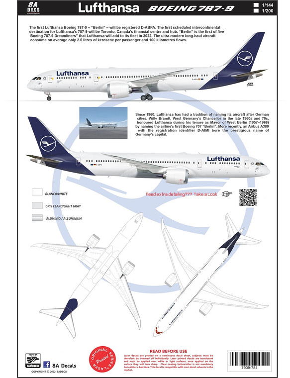 1/144 Scale Decal Lufthansa 787-9