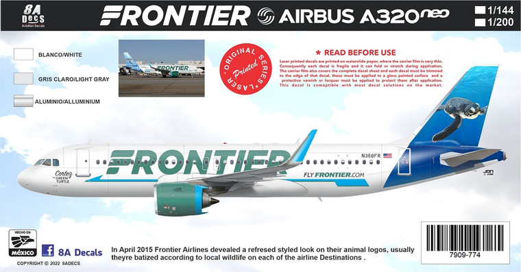 1/144 Scale Decal Frontier A-320 NEO CORTEZ THE TURTLE