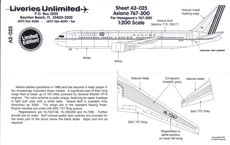 1/200 Scale Decal Asiana 767-300