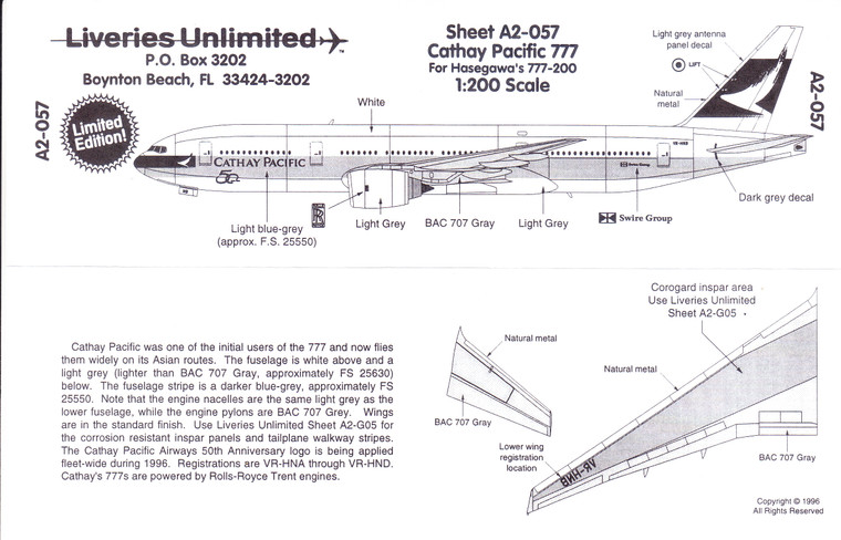 1/200 Scale Decal Cathay Pacific 777-200
