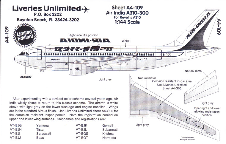 1/144 Scale Decal Air India A-310
