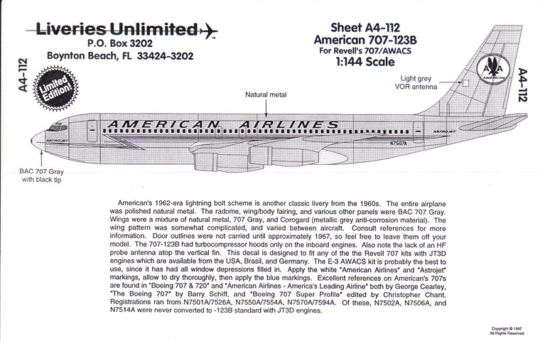 1/144 Scale Decal American 707-123B Astrojet
