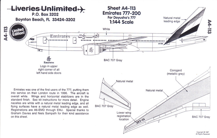 1/144 Scale Decal Emirates 777-200