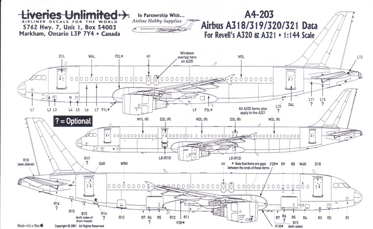 1/144 Scale Decal A-318 / A-319 / A-320 / A-321 Detail Sheet