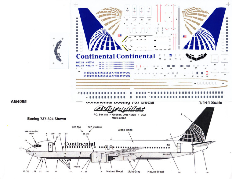 1/144 Scale Decal Continental 737