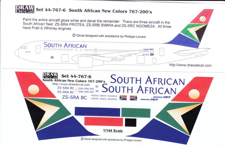 1/144 Scale Decal South African Airways 767-200