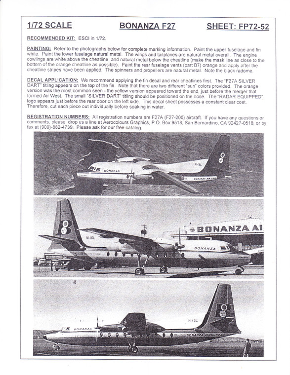 1/72 Scale Decal Bonanza F-27