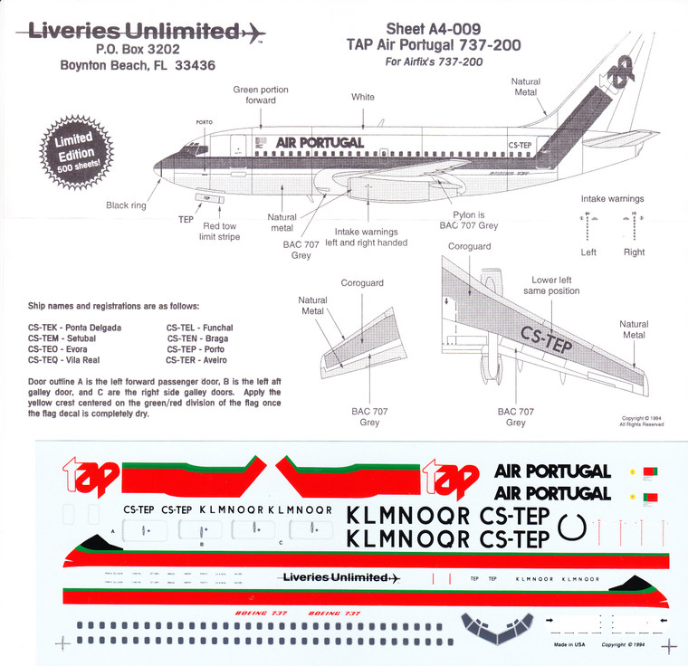 1/144 Scale Decal TAP Air Portugal 737-200