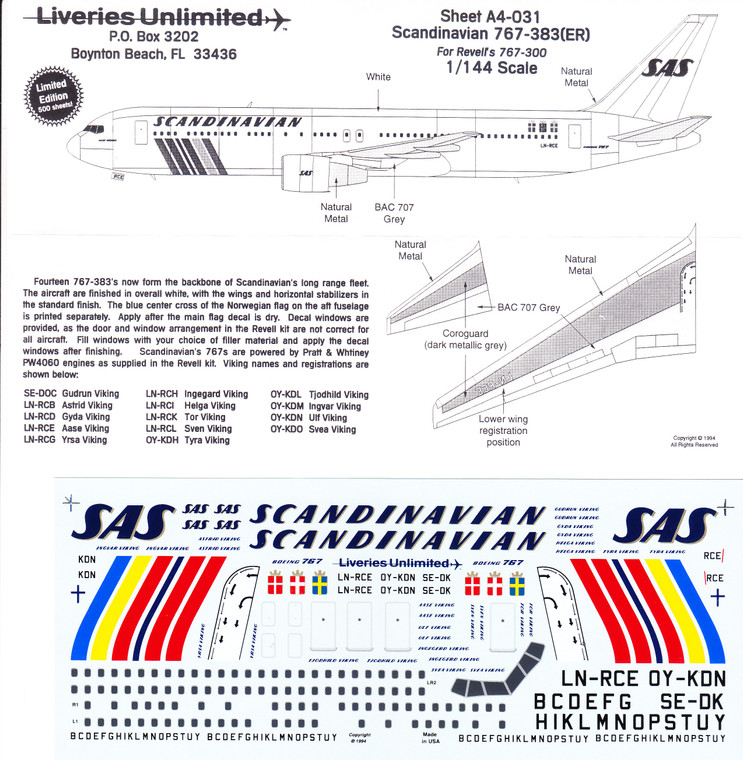 1/144 Scale Decal Scandinavian 767-300ER