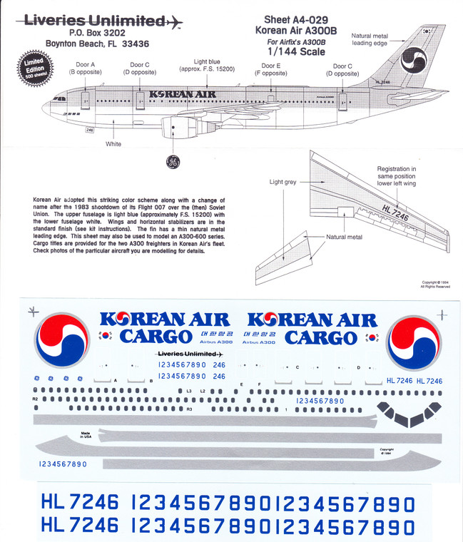 1/144 Scale Decal Korean Air A300-B