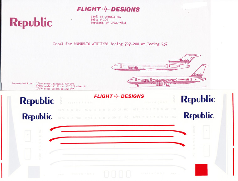 1/144 Scale Decal Republic 727-200 / 757-200