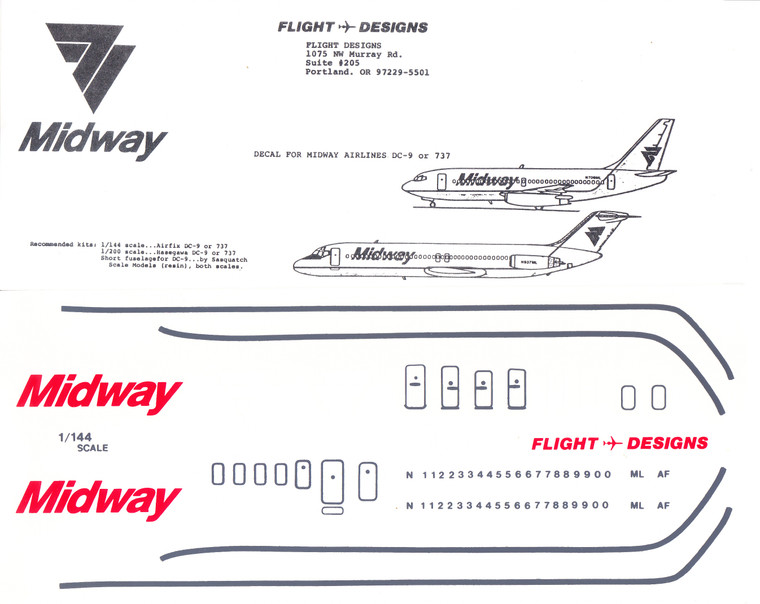 1/144 Scale Decal Midway DC9-30 / 737-200