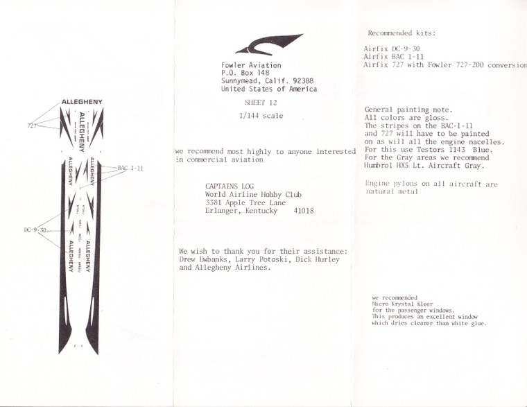 1/144 Scale Decal Allegeheny 727 & BAC-111 & DC9-30