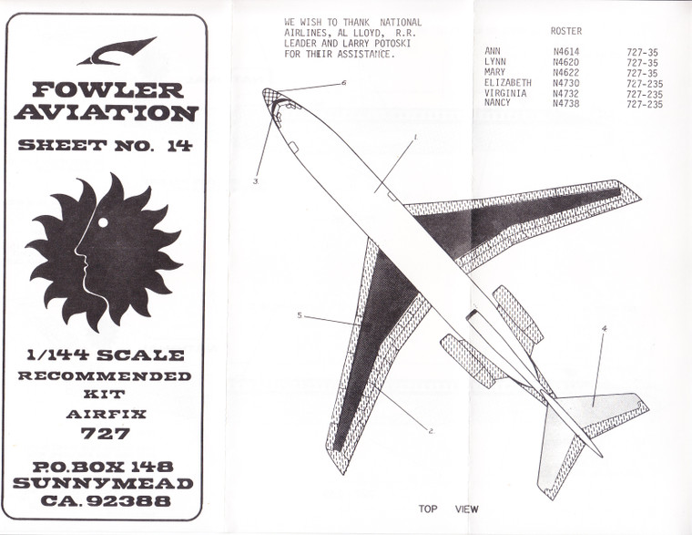 1/144 Scale Decal National 727-100 / 200 ANN / ELIZABETH / LYNN / MARY / NANCY / VIRGINIA