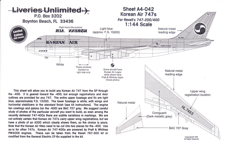 1/144 Scale Decal Korean Air 747-200 / 400