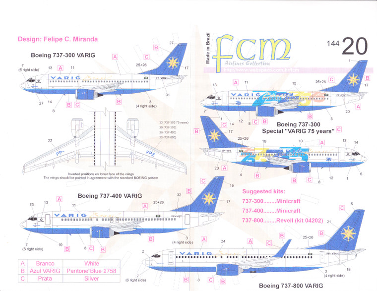 1/144 Scale Decal Varig Brasil 737-300 / 400 / 800