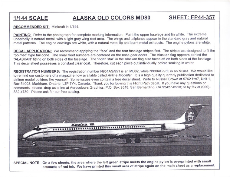 1/144 Scale Decal Alaska Airlines MD-80