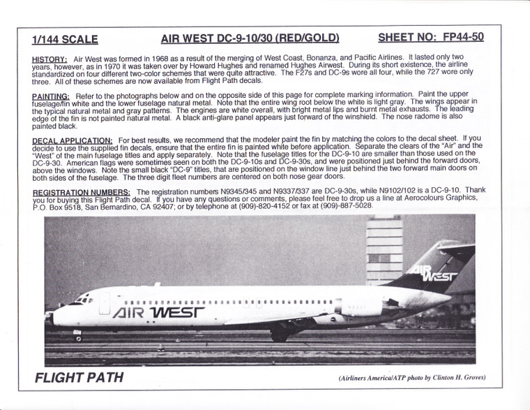 1/144 Scale Decal Air West DC9-10 / 30 RED & GOLD