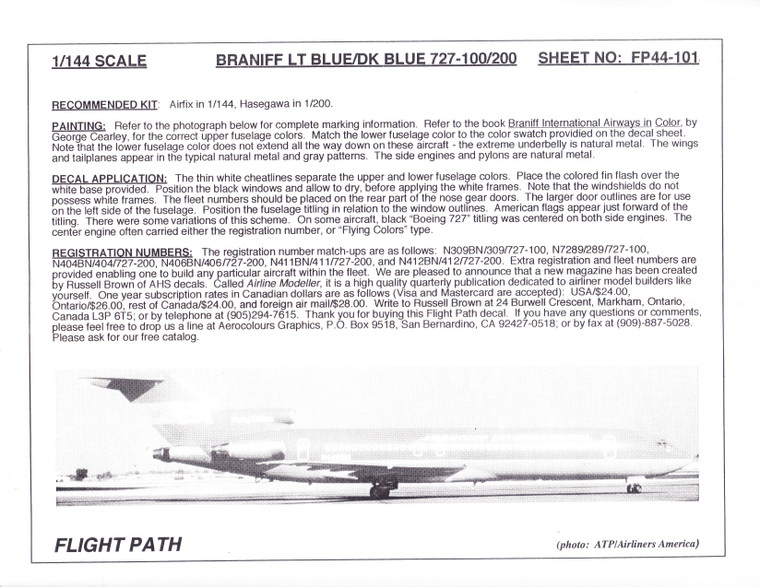 1/144 Scale Decal Braniff International 727-100 / 200 Light Blue / Dark Blue