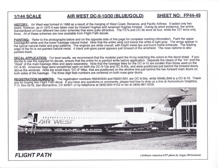 1/144 Scale Decal Air West DC9-10 / 30 BLUE / GOLD