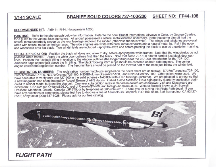 1/144 Scale Decal Braniff International 727-100 / 200 Solid Colors