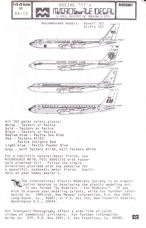 1/144 Scale Decal Flying Tiger Line / Braniff International / Avianca / USAF 707