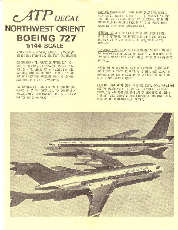 1/144 Scale Decal Northwest Orient 727-200 / 720 / 707