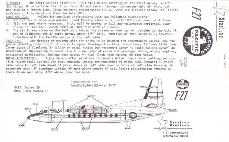 1/94 Scale Decal Pacific Air Lines F-27