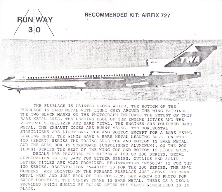 1/144 Scale Decal TWA 727-100 / 200