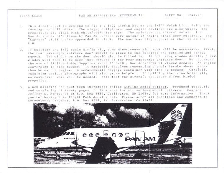 1/144 Scale Decal Pan Am Express BAe Jetstream 31
