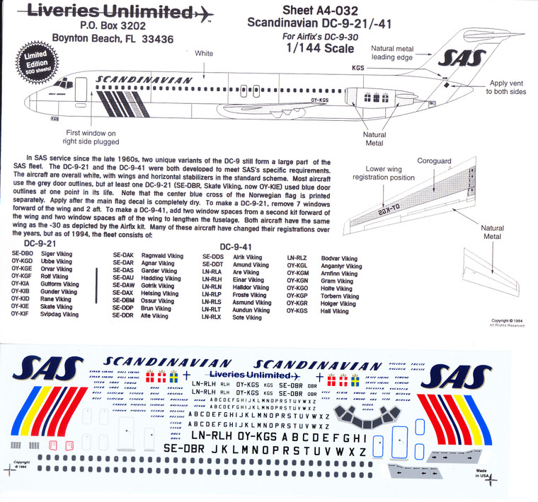 1/144 Scale Decal Scandinavian DC9- 21 / 41