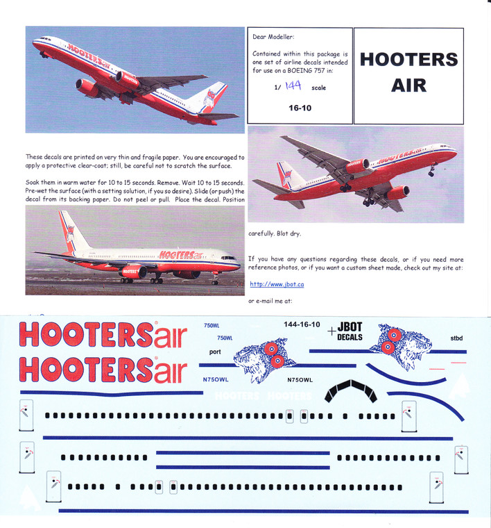 1/144 Scale Decal Hooters Air 757-200