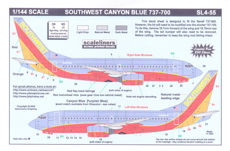 1/144 Scale Decal Southwest 737-700 Canyon Blue
