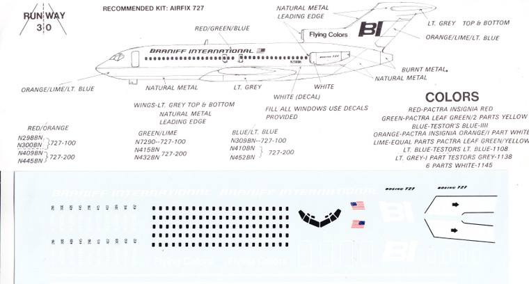 1/144 Scale Decal Braniff International 727-100 Flying Colors