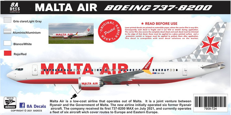 1/144 Scale Decal Air Malta 737-8 MAX