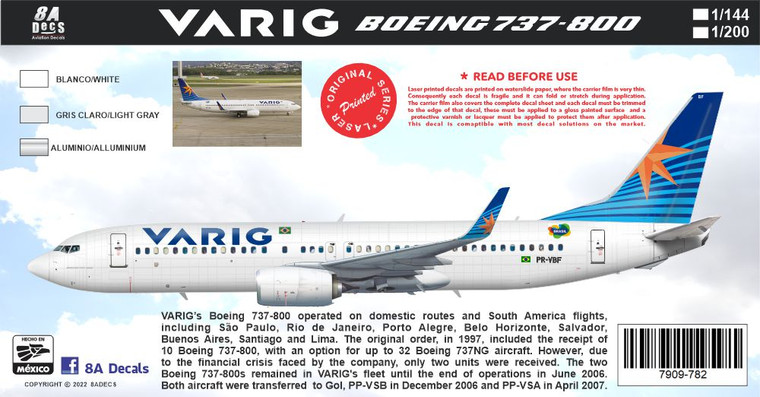 1/144 Scale Decal Varig 737-800 Final Colors