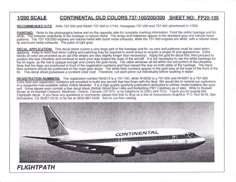 1/200 Scale Decal Continental 737-100/200/300